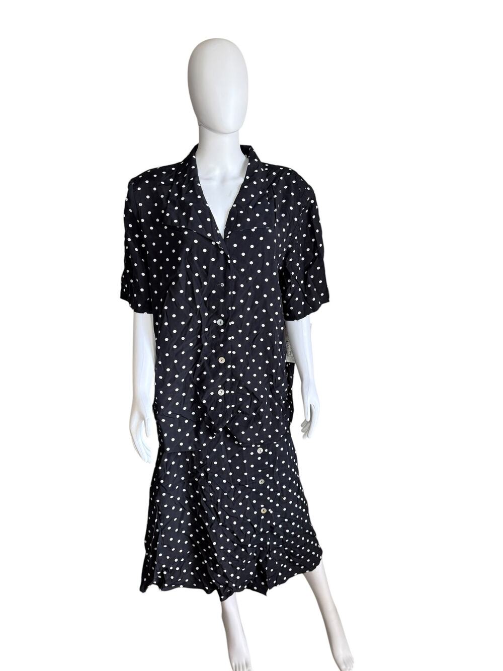 Roaman's Black Polka Dot Button Front Shirt Midi Dress